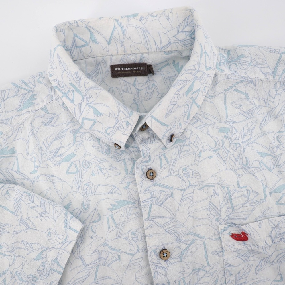 Southern Marsh Linen Blend Flamingo Print Button Down Shirt Short Sleeve Mens XL